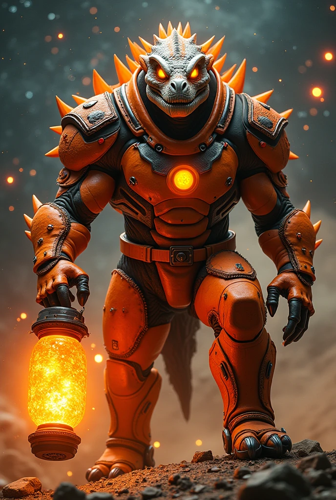 1man, alien, dinosaur face, glowing eyes, brown fur, orange suit with black accents, orange boots, orange lantern logo, orange aura, space background, powerful, crouching, holding a big orange lantern