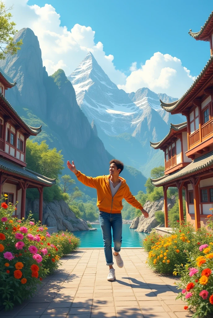 The melody of life，A foreign young man dances at school，Surrounded by colorful flowers and plants，A sunny day with a gentle breeze，Cloudless。In the background, there are mountains, water, Western-style buildings and Chinese-style buildings