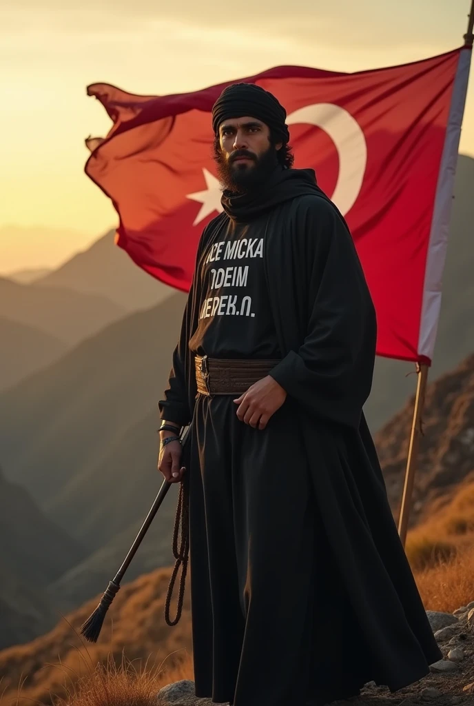 A mujahid in black clothes, on his clothes there is a writing 'Aceh merdeka'.Holding a weapon and there is a Turkish flag