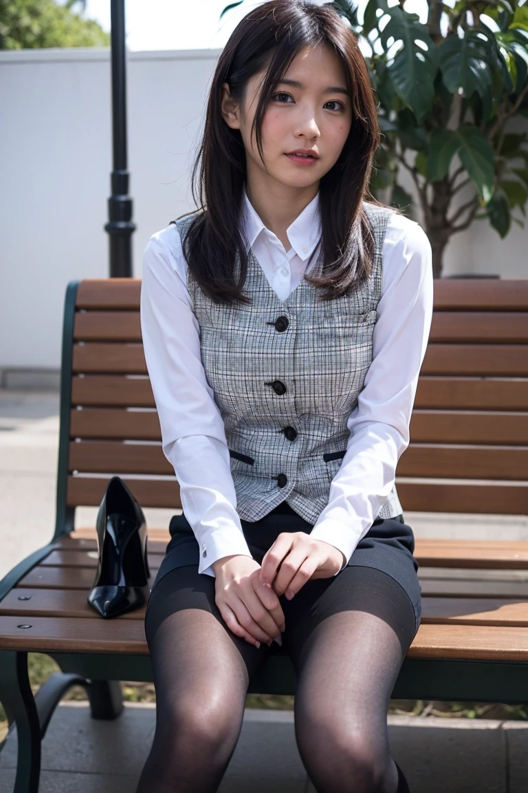 Urzan-6500-v1.1, (RAW Photos:1.2), (Realistic), (Genuine:1.4), １、Perfect Anatomy、42 years old、Looking into the camera、Medium Long Hair、Plaid vest、((Sit on a bench:1.3))、(Ultra-realistic pantyhose:1.2), (High heels)、(Business services)、
