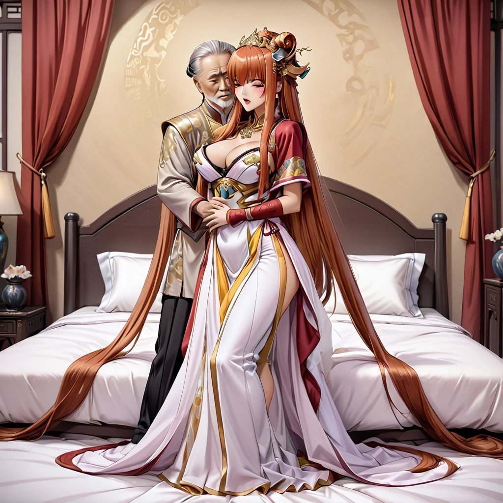 ((Highest quality)), ((masterpiece)), (detailed), （Perfect Face）、The woman is Maya Cordelia, an Empress of ancient China, with orange, semi-long hair. She is wearing a luxurious Hanfu costume fit for an ancient Chinese Empress, her hair styled in an ancient Chinese fashion and adorned with elaborate hair ornaments.、On a lavish bed in the bedroom of an ancient Chinese palace, a woman embraces and kisses the ancient Chinese emperor, engaging in procreative sex.、The man is a dignified, bearded old man, an ancient Chinese emperor