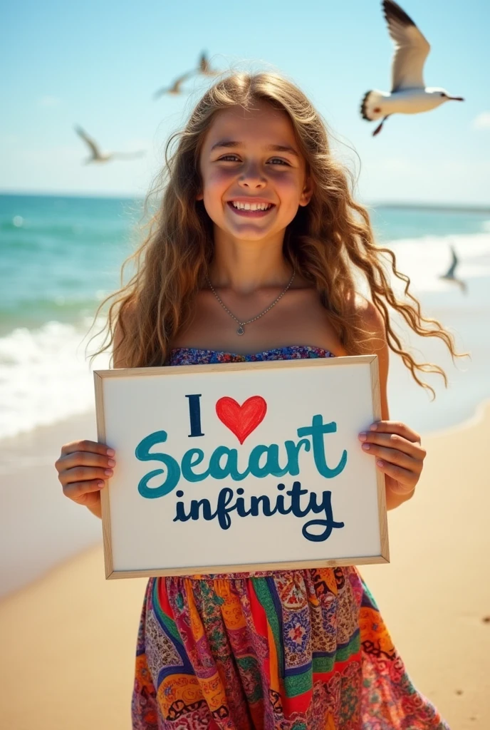 Beautiful girl with wavy long hair, bohemian dress, holding a white board with text "I Love Seaart Infinity" and showing it to the viewer