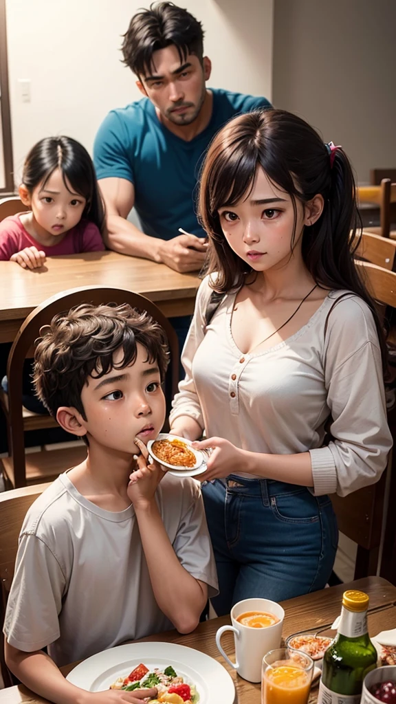 A family eating dinner together in a humble home and a cute girl talking about how school was and the father telling his wife how work was stressing and then the elder son comes home let and drunk
