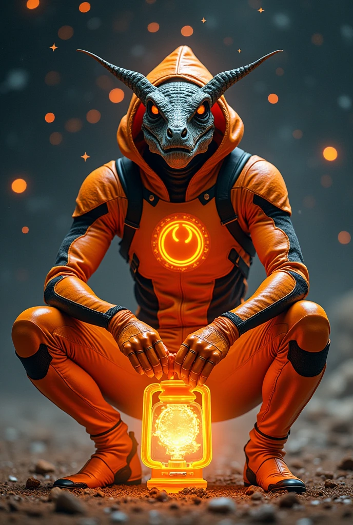1man, alien, slender, dinosaur face, glowing eyes, brown fur, orange suit with black accents, orange boots, orange lantern logo, orange aura, space background, powerful, crouching, holding a big orange lantern