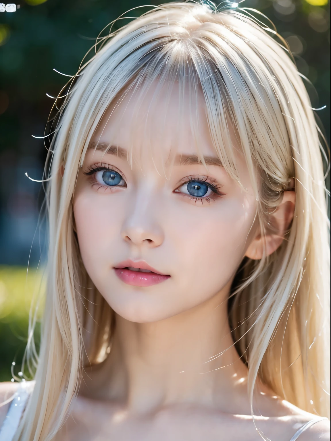 Transparent white glossy skin、Face gloss、Platinum blonde in a strong wind in front of a pretty face、20-year-old incredibly cute sexy beautiful Norwegian、Small Face Beauty、Shiny pale light blue eyes and details (Looking into the camera), SLR lighting, Single-lens reflex camera, super high quality, Sharpness, Depth of written boundary, Film Grain (center), Fujifilm XT3, Crystal Clear, Frame center, 完璧にBeautiful Face、Beautiful Face、Beautiful hair with sparkling bright straight platinum blonde hair、Silk bangs between the eyes、Bangs hide the eyes, Sparkling pale blue eyes, Sexy super long platinum blonde cute young woman with super long platinum blonde shiny light hair