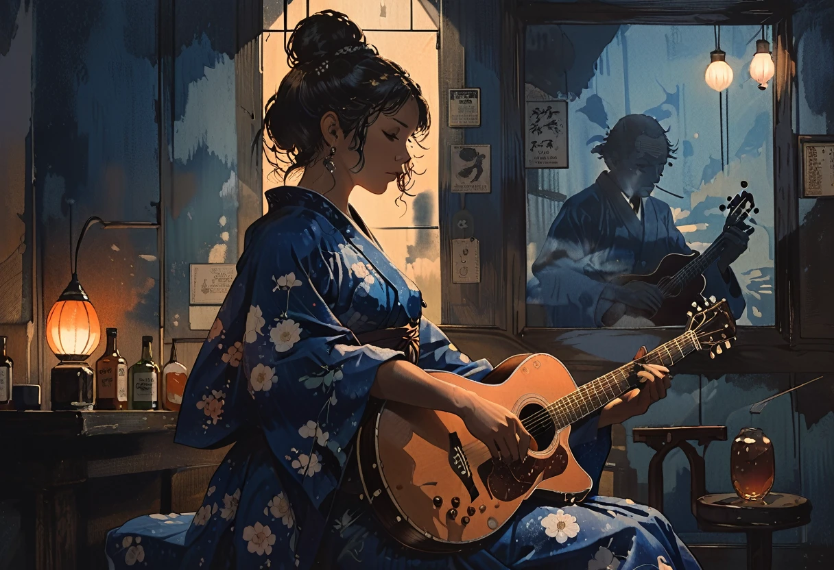 America blues delta blues Silhouette of a woman in a beautiful japanese kimono playing acoustic guitar in a Vintage jazz bar in New Orleans Mysterious atmosphere Blue gaslights, typical of New Orleans, are mounted on the wall.. Vintage , Dimly lit jazz bar Shadow play Whiskey bottles