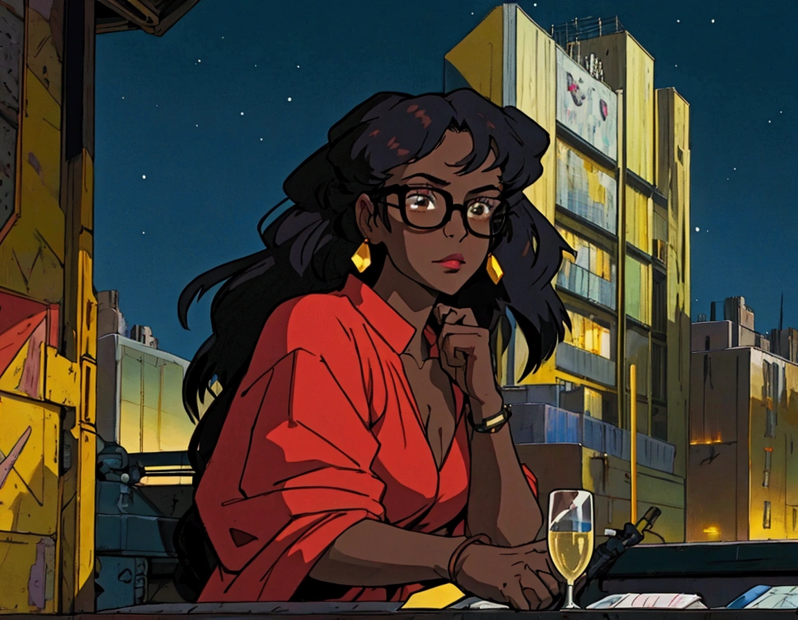 cowboy bebop, black female character, dark skinned, black girl, 30, long hair, brown eyes, dark lighting, night, wearing streetwear, red glasses, In a bustling metropolis, she is a skilled and enigmatic spy, she is looking at a priceless jewel in a modern gala, old money, holding a glass of champagne, large detailed art gallery scene, detailed eyes, detailed hands