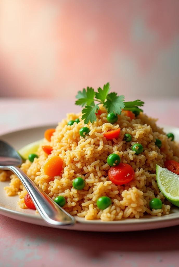 (photorealism:1.2), SINGAPURI FRIED RICE IN CUTLERY WITH PLAN BACKGROUND VEG