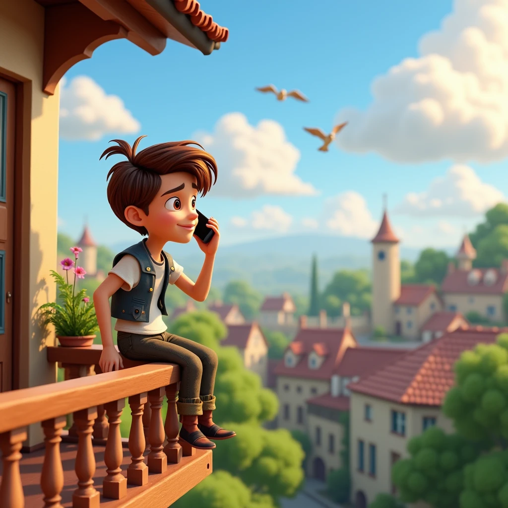 Create a cute, beautiful realstic 3d animated-style image featuring top of the balcony home sitting Flynn Rider also speaking his mobile should be on a home balcony, looking up at fluffy clouds in the sky. The background should show a calm, serene scene with a few trees or rooftops visible.