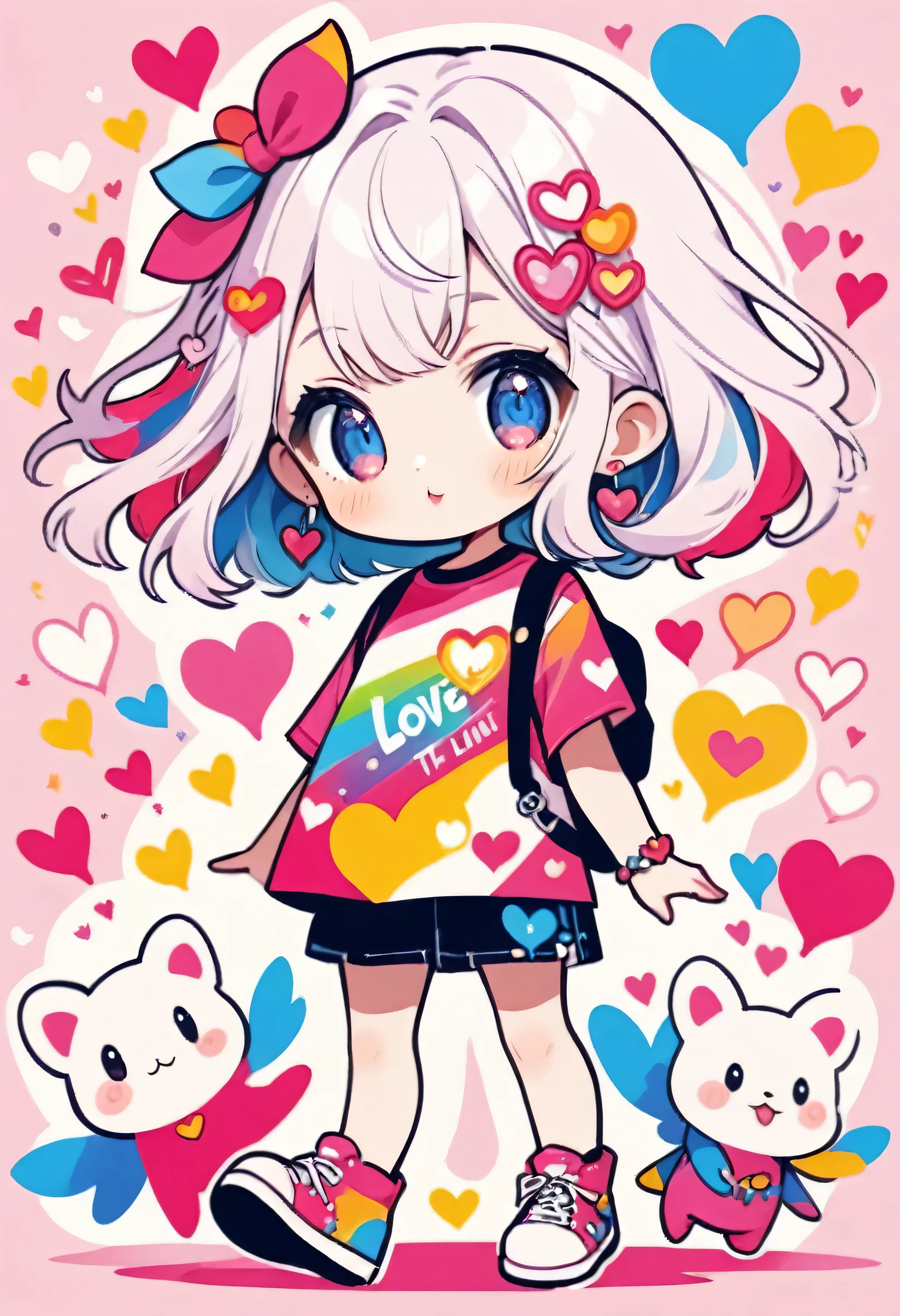 Ultra-realism Momoko Sakura colorful style, Simple Line Initialism，Abstract art，(((The most beautiful girl of all time))), chibi, Sweet face. Lips in love, colorful hearts, stylish design, 夏のオシャレなTシャツ, 黒い瞳, walking, Paris