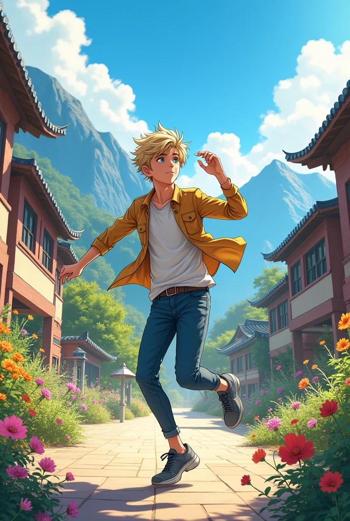 comics：The melody of life，A young man with blond hair and blue eyes is dancing at school.，Surrounded by colorful flowers and plants，A sunny day with a gentle breeze，Cloudless。In the background, there are mountains, water, Western-style buildings and Chinese-style buildings