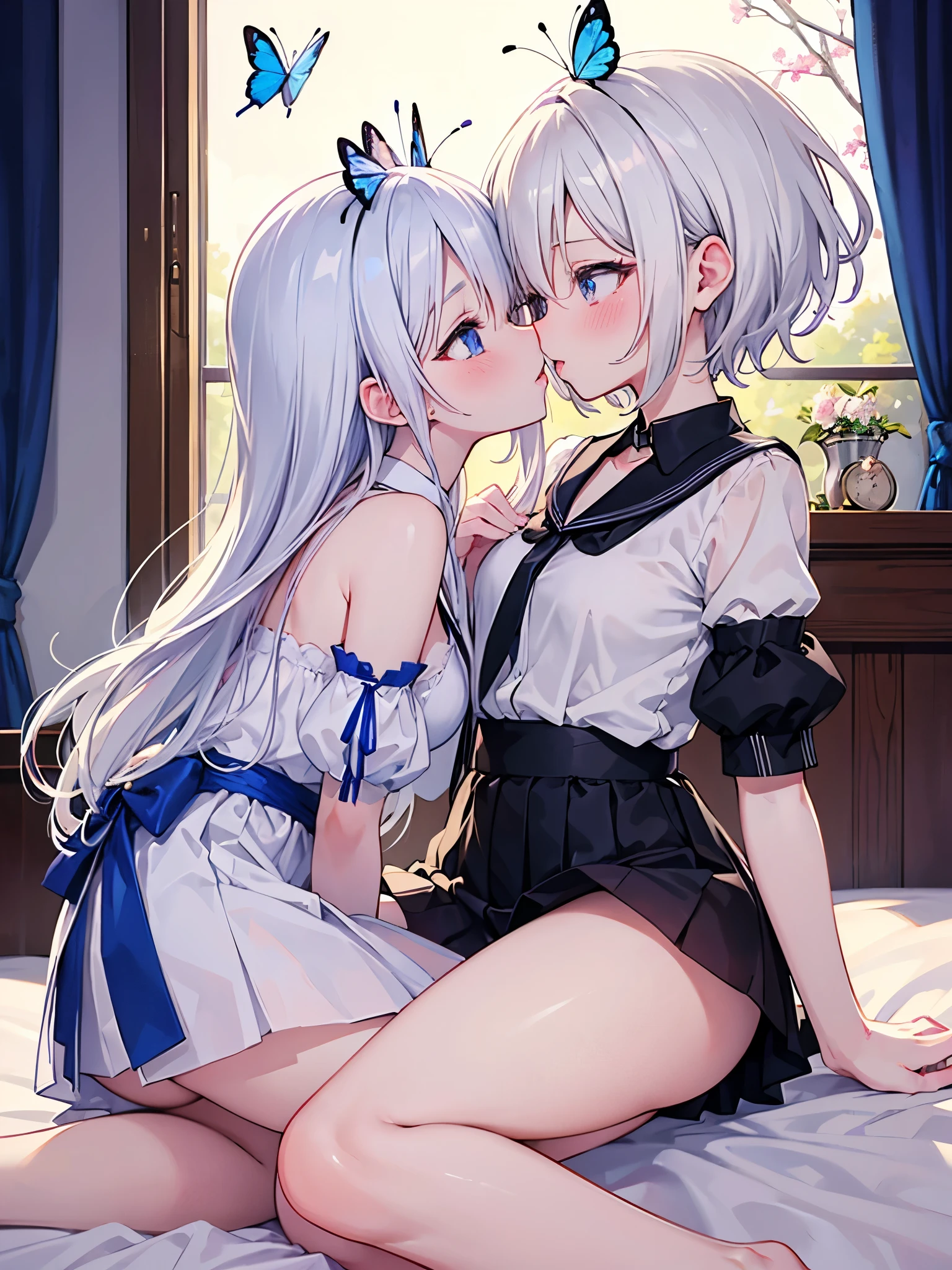 anime couple kissing on bed with butterfly on head, top rated on pixiv, white haired, perfect white haired girl, white-haired, by Shitao, 2b, 2 b, popular on pixiv, seductive anime girl, , kissing together cutely, | fine detail anime, at pixiv, white haired deity, rule 34, ahegao