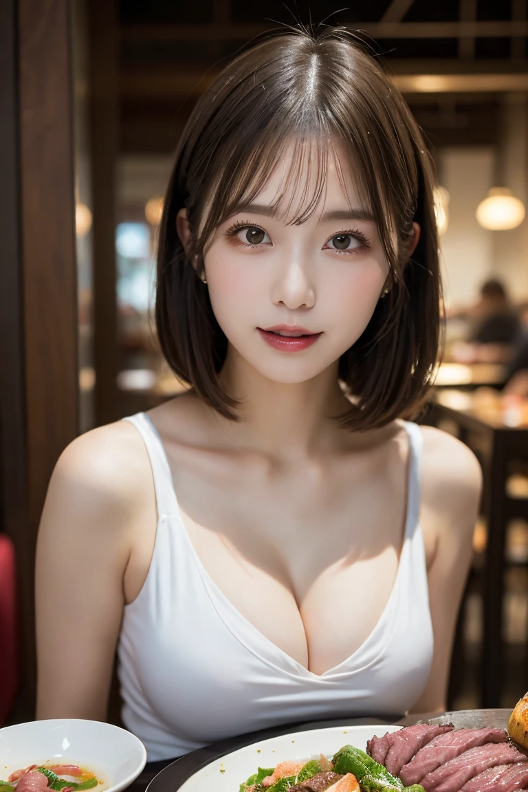 Yakiniq restaurant, Highest quality, shape, Very detailed, In detail, High resolution, 8k wallpaper, Perfect dynamic composition, Beautiful details, Natural Lip,Casual attire, Big Breasts, Cleavage, She is eating yakiniku deliciously.., A masterpiece of the whole body, Side Short