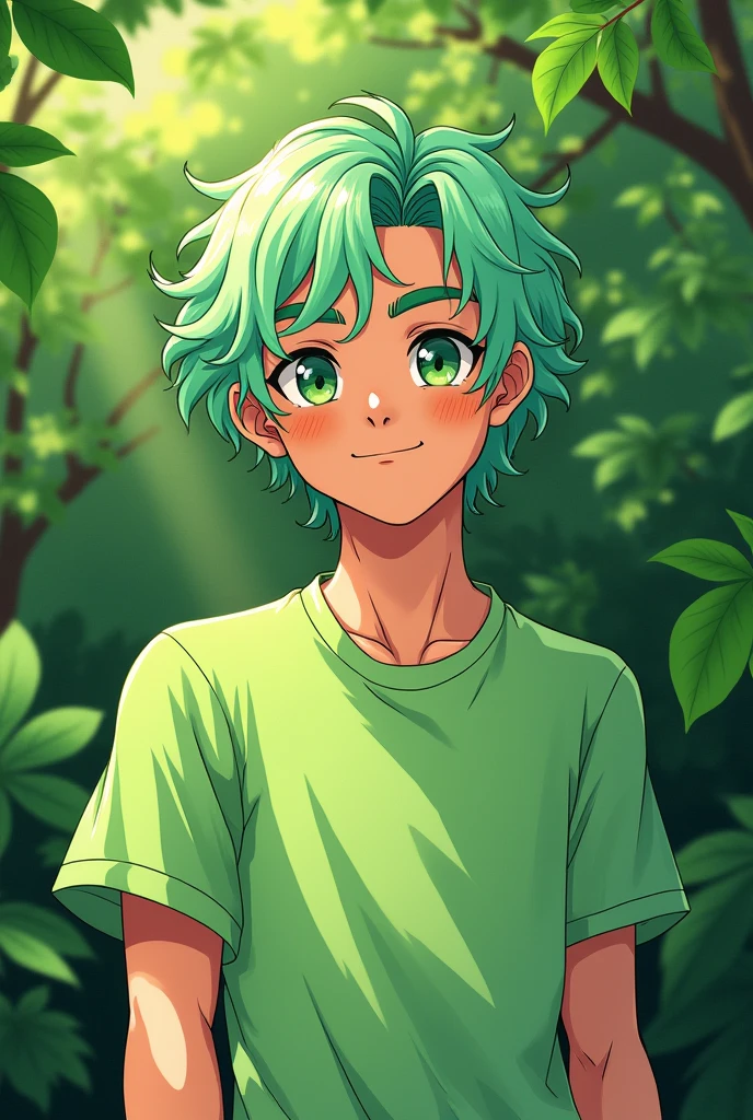 A picture of a man with light green hair wearing a green shirt.