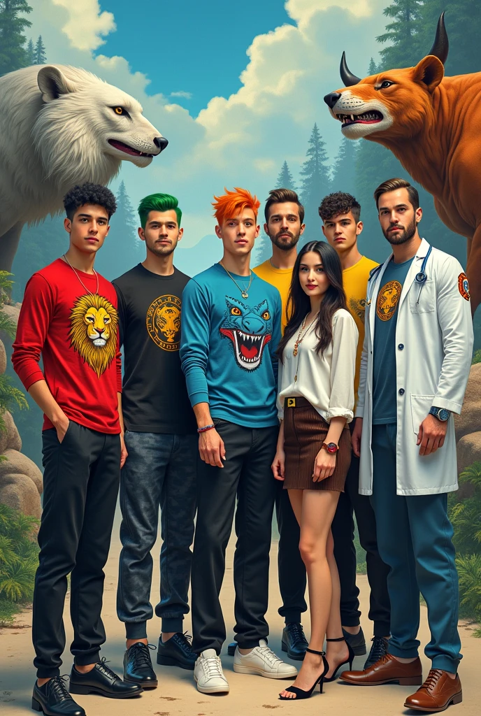 6 men,Japanese people,1 black hair,red long-sleeved shirt with lion pattern,Black trousers,1 green hair,yellow long-sleeved shirt with eagle pattern,Black trousers,1 orange hair,blue long-sleeved shirt with shark pattern,long black pants,necklace with star 1 long black hair ,black shirt with bull pattern ,red wristwatch ,Military Pants,military shoes 1,long hair woman,white long-sleeved shirt with tiger image,brown short skirt,High heels 1,man,เสื้อสีเงินรูปwolf,doctor's coat,doctor's pants,doctor's shoes,heart monitor for patient, background scene,1,lion 1,eagle 1,shark 1,bull 1,tiger 1,wolf