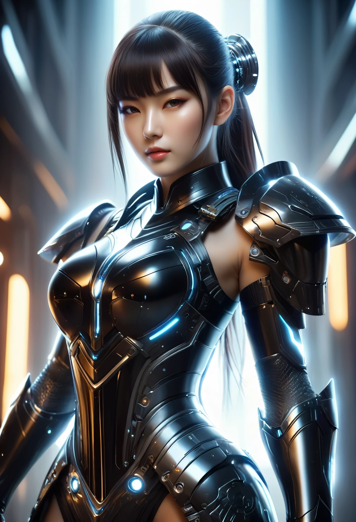 (Best Quality, 4K, 8K, High Resolution, Masterpiece: 1.2), (Super Detailed, Realistic, Photorealistic:1.37), A woman in futuristic clothing holding a futuristic sword, Trending on cgstation, Trending on cgstation, (Portrait of a girl in the Knights of the Zodiac:1.4), blunt bangs, Cute Cyborg Girl, Perfect android girl, Portrait Astronaut Girl, Beautiful girl cyborg, Girl wearing black mechanical cyber armor, Game CG, cgsociety と fenghua zhong, Beautiful Cyborg Shrine Maiden, Bioluminescence
