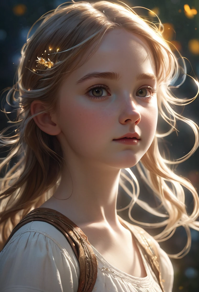 Erases the universe at once, little white girl, like sun glare, her movements are light, like a breath of wind, facial detailing is as realistic as possible, high detail, maximum quality, 