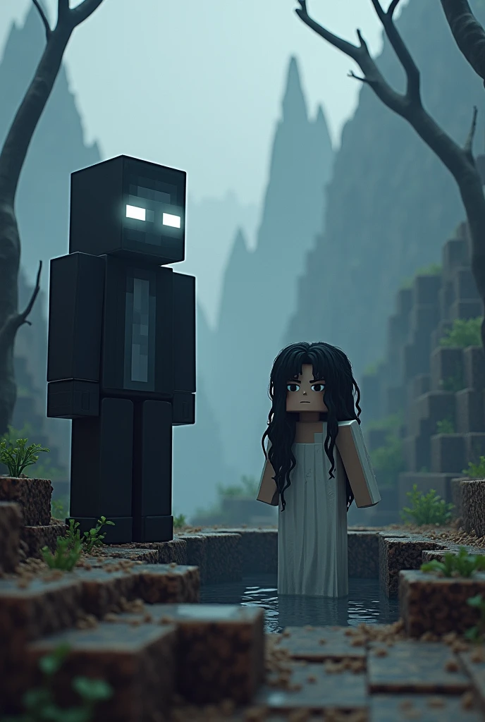 Create herobrine and Sadako in Minecraft style 
I said herobrine not ghost 
Create Steve with white eye and Sadako 