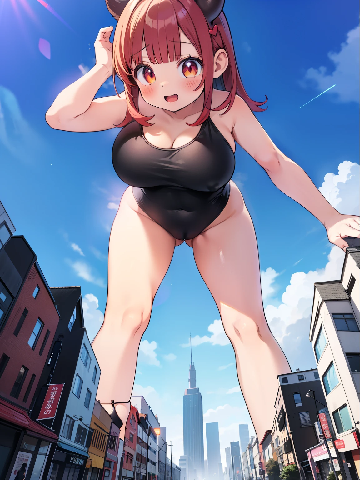 1 girl，Blushing，embarrased, sitting, (((female giant)))，Giantess art, Giantess, The girl is 50 meters tall，((Full body shot)), ((Sexy anime girl)), ((Sexy demoness)), ((Black bikini)), ((Tight Swimsuit)), ((cameltoe)), 1 anime girl, ((Straight red hair)), ((Blackwings)), sitting in the middle of a modern miniature city, towering over buildings，(((Leaning forward))), ((looking to viewer)), ((front footage)), ((large breasts)), ((perfect legs)), ((thick thighs)), squatting over modern miniature city，in the middle of a tiny miniature city, a girl taller than buildings, sitting between buildings, ((tiny people under her))