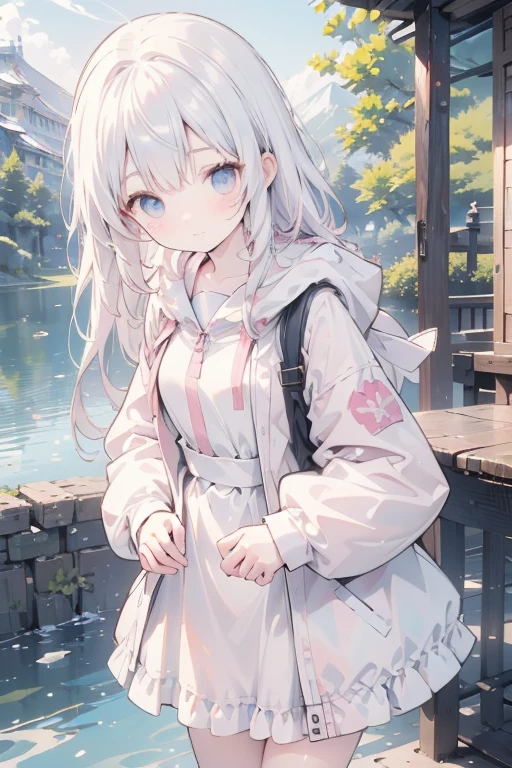 masterpiece、最高masterpiece、Two、White Hair、One eye is light blue、and the other is pink.、Holding hands、Shaggy Parka、Looking into the camera、On the Lake