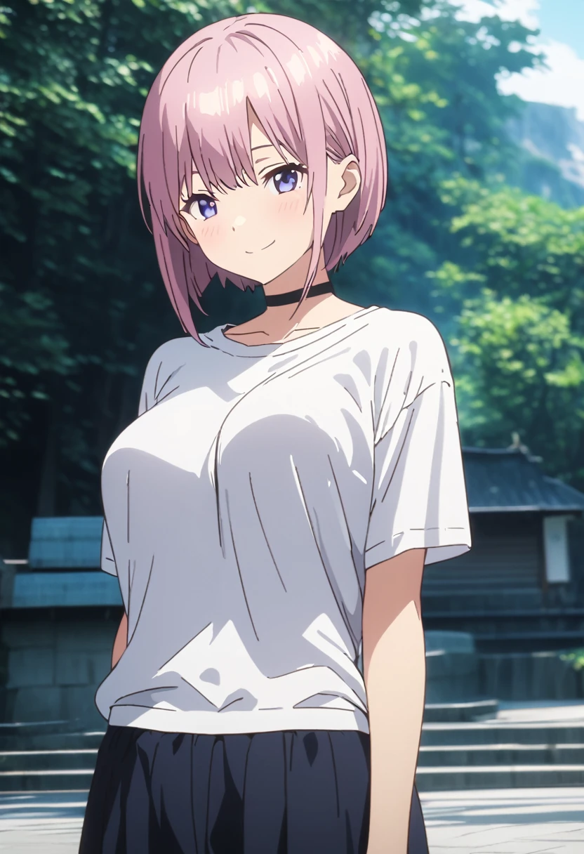 (Highest quality, 4K, 8k, High resolution, masterpiece:1.2), Very detailed, Picturesque, Anime style photo, Photo Anime:1.37)、Japanese、(Pink pixie cut)、Naughty smile、white shirt、Black choker、whole body、 show off breasts、Tuck the hem of the shirt, Under breast、ichika nakano