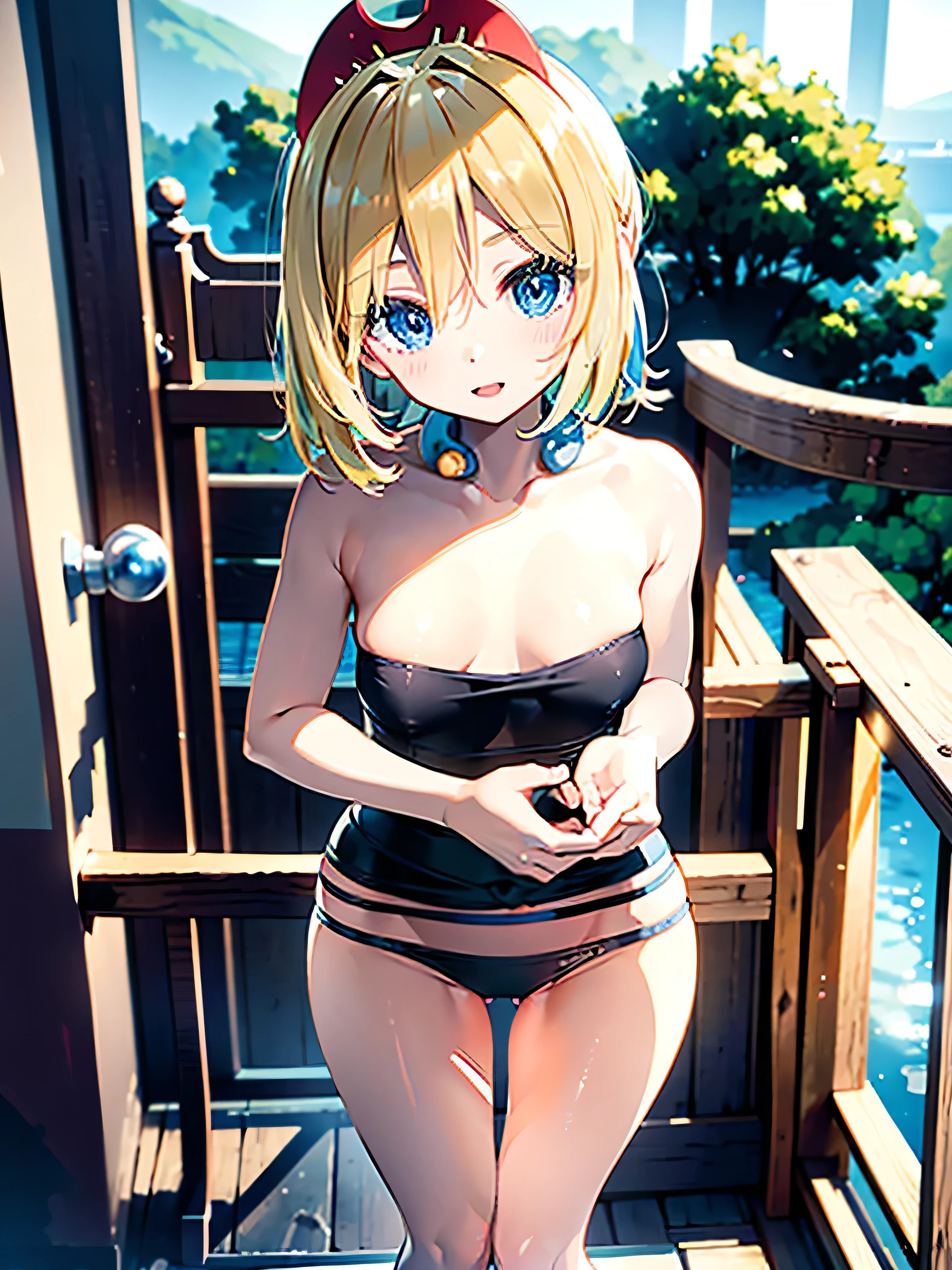 masterpiece, best quality, extremely detailed, anime ,girl, short hair, Lolita,boyish,tomboy,flat chest,school swimsuit,((( swimsuit with big V-shaped hole))), bare skin, shyness