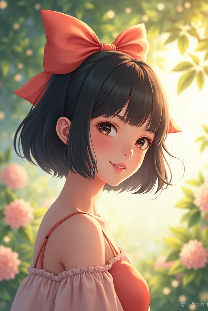 (photorealism:1.2), beautiful girl, 18 years old. She has short shoulder-length black hair and a large bow in the back of her hair. Both cheeks are covered with hair.