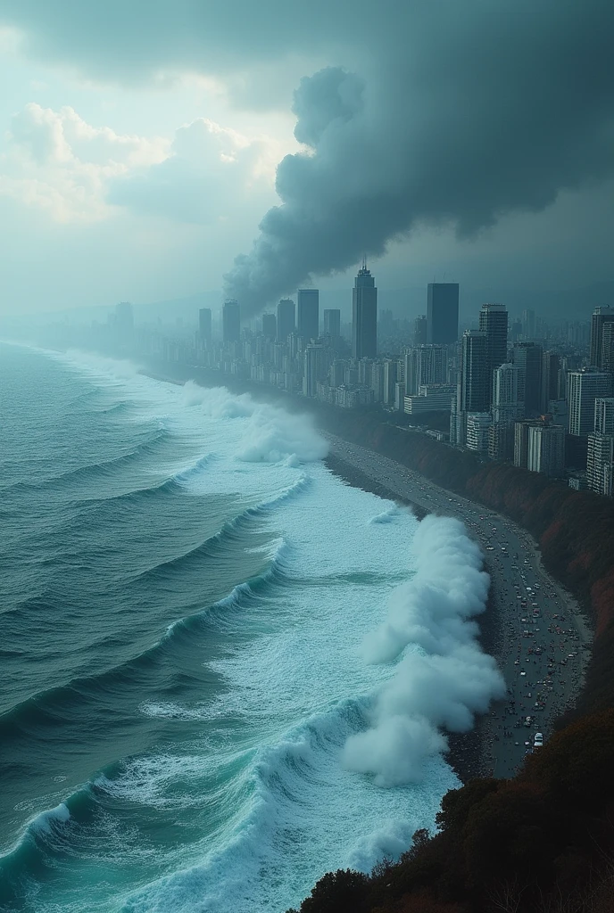 The sea swells up with a thud due to a major earthquake。Many major cities will be swallowed by the sea.。The sea rises 120 meters。Even high-rise buildings are swallowed by the waves.。Location: Japan、Tokyo。