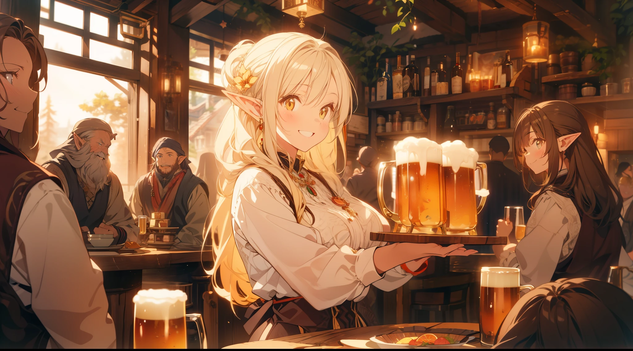 An illustrated scene set in a lively fantasy tavern at twilight. The focus is on a cheerful elf waitress, a young woman with long flowing hair and pointed ears, wearing a traditional tavern outfit. She is smiling warmly as she carries a large tray of mugs filled with beer, distributing them to a diverse group of patrons gathered around a round wooden table. The background shows a bustling tavern filled with various races, including humans, dwarves, and elves, all engaged in lively conversation. The setting is cozy, with a warm glow from lanterns and a large hearth, casting a soft, inviting light. The overall mood is vibrant yet warm, with a mix of soft browns, golds, and oranges to reflect the twilight hour.