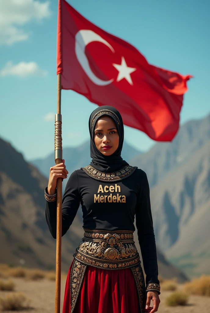 A beautiful woman wearing a hijab and a black shirt with the words 'Aceh Merdeka' written on it..holding a weapon and a Turkish flag