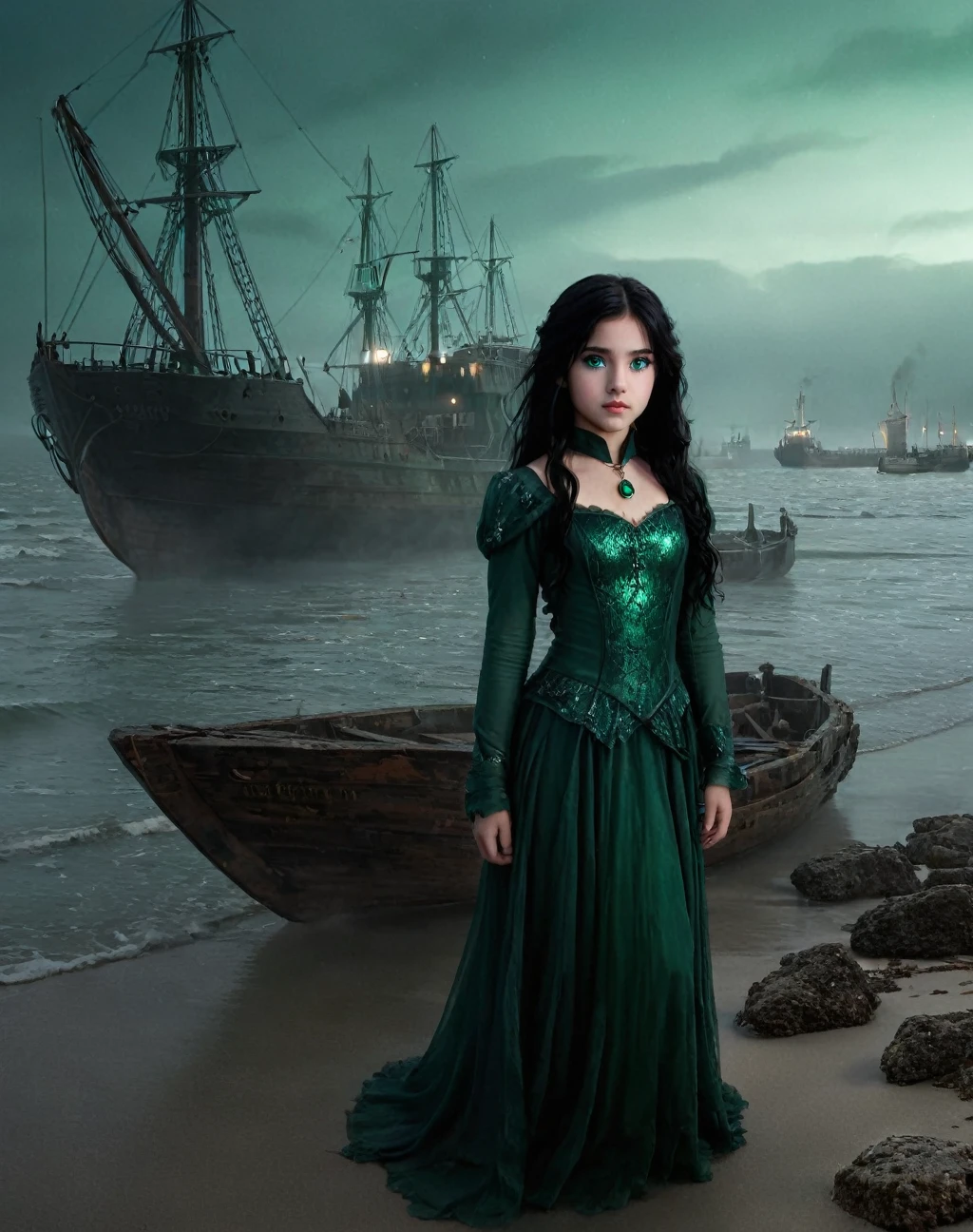 daughter of severus snape, , black hair , green eyes , 1 girl, upper body, single focus, haunting allure, cursed mermaid attire, enchanting eyes, (haunted shipwreck: 1.4), (forbidden waters: 1.3), ghostly pallor, eerie aura, [depth of field, ambient lighting, eerie shipwreck foreground, cursed ocean background], forsaken shipwreck, lost souls, ethereal waves, (sandy shore), (ship's wheel: 1.2), intricate details, enhanced lighting.
