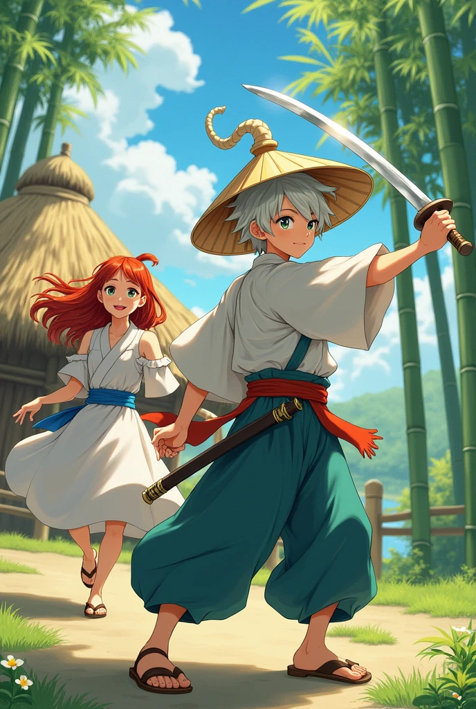 A twenty-year-old Asian male character, white hair, big eyes, agile, cheerful. holding a Japanese sword and wearing a conical hat. standing next to an extremely beautiful girl with red hair and beautiful eyes. 
The background is a thatched house and some bamboo trees

