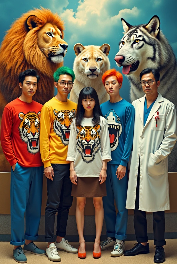 5 men,Japanese people,1 black hair,red long-sleeved shirt with lion pattern,Black trousers,1 green hair,yellow long-sleeved shirt with eagle pattern,Black trousers,1 orange hair,blue long-sleeved shirt with shark pattern,long black pants,necklace with star 1 long black hair ,black shirt with bull pattern ,red wristwatch ,Military Pants,military shoes 1,long hair woman,white long-sleeved shirt with tiger image,brown short skirt,High heels 1,man,เสื้อสีเงินรูปwolf,doctor's coat,doctor's pants,doctor's shoes,heart monitor for patient, background scene,1,lion 1,eagle 1,shark 1,bull 1,tiger 1,wolf