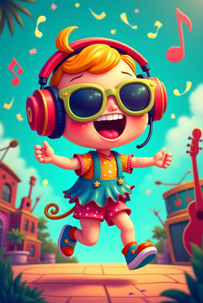 can you make a poster of music festival with some cute character beside it? i want the background of the poster color turquoise and the length and width is around 1200 x 250 px