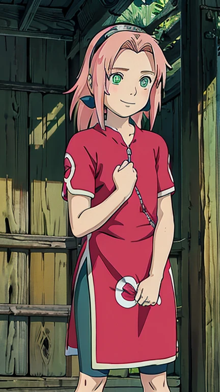 (1girl, solo, highly insanely detailed, masterpiece, top quality, best quality, highres, 4k, 8k, RAW photo),((innocent look)),((Childish)),From the front, symmetrical composition,smile,cute,Innocent,Kind eyes,Flat chest,Hairless vagina, Cameltoe,ghibli style,forest, (haruno sakura), (blondepink hair, long hair, short hair, green eyes, forehead protector, short sleeves, red shirt, bike shorts),