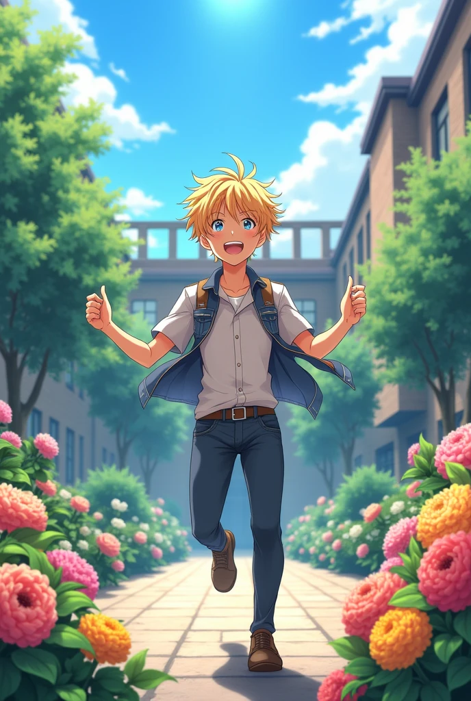 Anime style:The melody of life,A young man with blond hair and blue eyes is dancing at school.,Surrounded by colorful flowers and plants,A sunny day with a gentle breeze,Cloudless。The background has Western-style architecture.