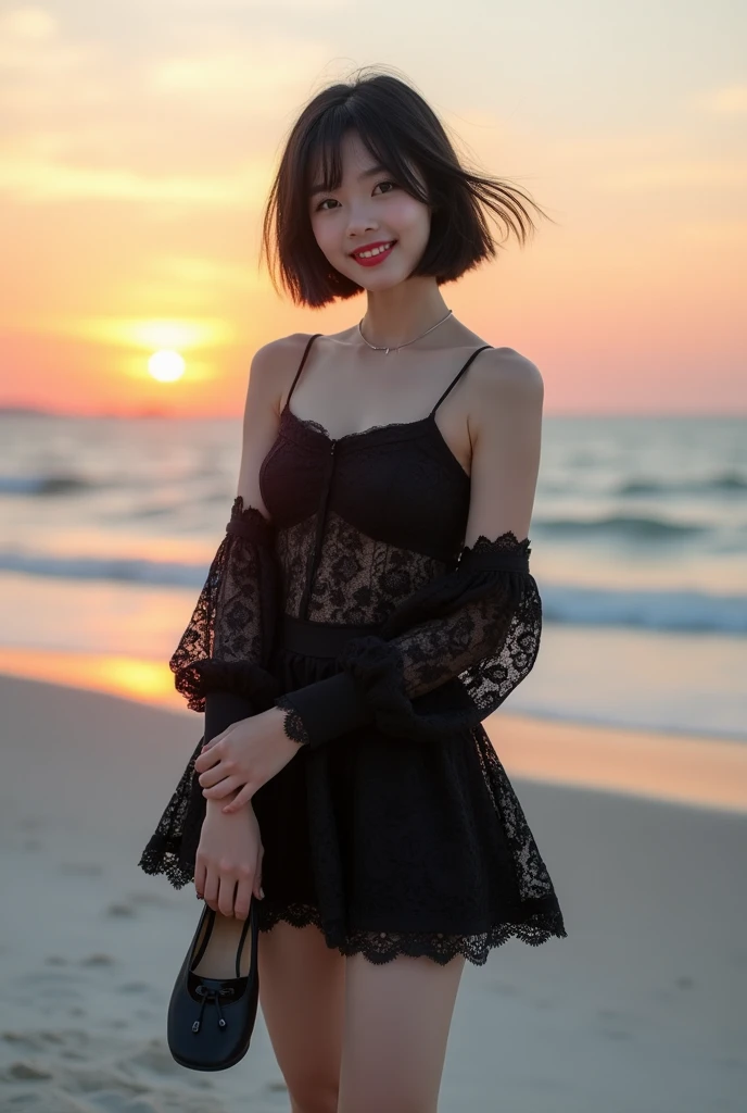 (8k, Photorealistic, Raw photo, Highest quality: 1.4),Japanese idol-style beautiful girl,1 person,18-year-old,(Short Bob),(Black Hair :1.2),She has her hair tucked behind her ears,My hair is blowing in the strong wind,Clear grey eyes,Long eyelashes,(piercings(small)),(Lip gloss),lips(Plump,glossy),thin long neck,(camisole(Black)),(flare skirt(Layered lace,Black)),tights(Mesh),barefoot,(Sleeveless jacket((Lace embroidery),(Mesh))Layered),Holding pumps in both hands,On the beach at dusk,White sand beach,With the setting sun on the horizon as a backdrop,Date with boyfriend,Smiling at the camera,Knee-shot snap