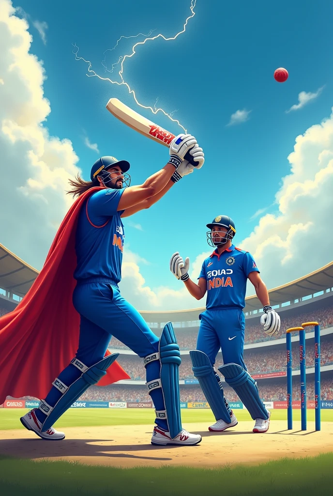 : Thor hurling the cricket ball at supersonic speed, with Rohit Sharma standing ready to bat. Rohit calmly flicks the ball over the boundary for a six, the ball soaring through the air, and the crowd cheering in the background.