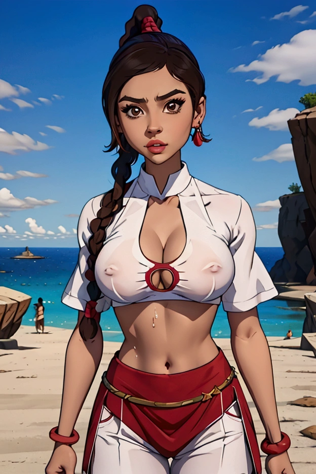1girl, ty_lee, breasts, jewelry, solo, brown_hair, earrings, navel, cleavage, sweat, covered_nipples, bracelet, large_breasts, braid, brown_eyes, lips, outdoors, long_hair, braided_ponytail, looking_at_viewer, pelvic_curtain, sky, clothing_cutout, day, blue_sky, tattoo, midriff, cleavage_cutout, architecture, cowboy_shot, short_sleeves, shiny_skin, thighs, cloud, parted_lips, crop_top