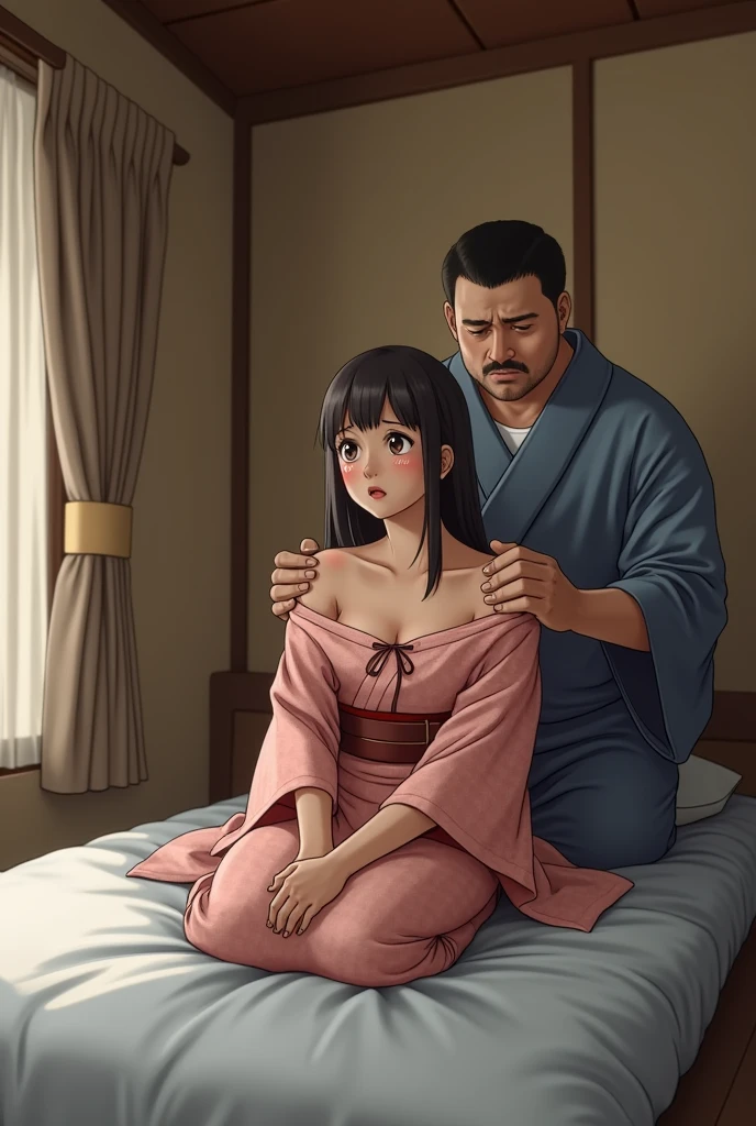 score_7_up, BREAK source_anime, RRukaV4XL, 1girl, japanese clothes, open kimono, floral print, white open kimono, hair over shoulder, japanese house, tatami, indoors, night, moon, sliding doors, pussy, wardrobe malfunction, medium_breasts, nipples, full face blushing, spread legs, angry blushing, half-closed eyes, open mouth, 1boy, huge penis, bald male, bigger male, cheating, sex, vaginal, vaginal_penetration from side, hug, cum in pussy, cum_inside, cum inside pussy, 