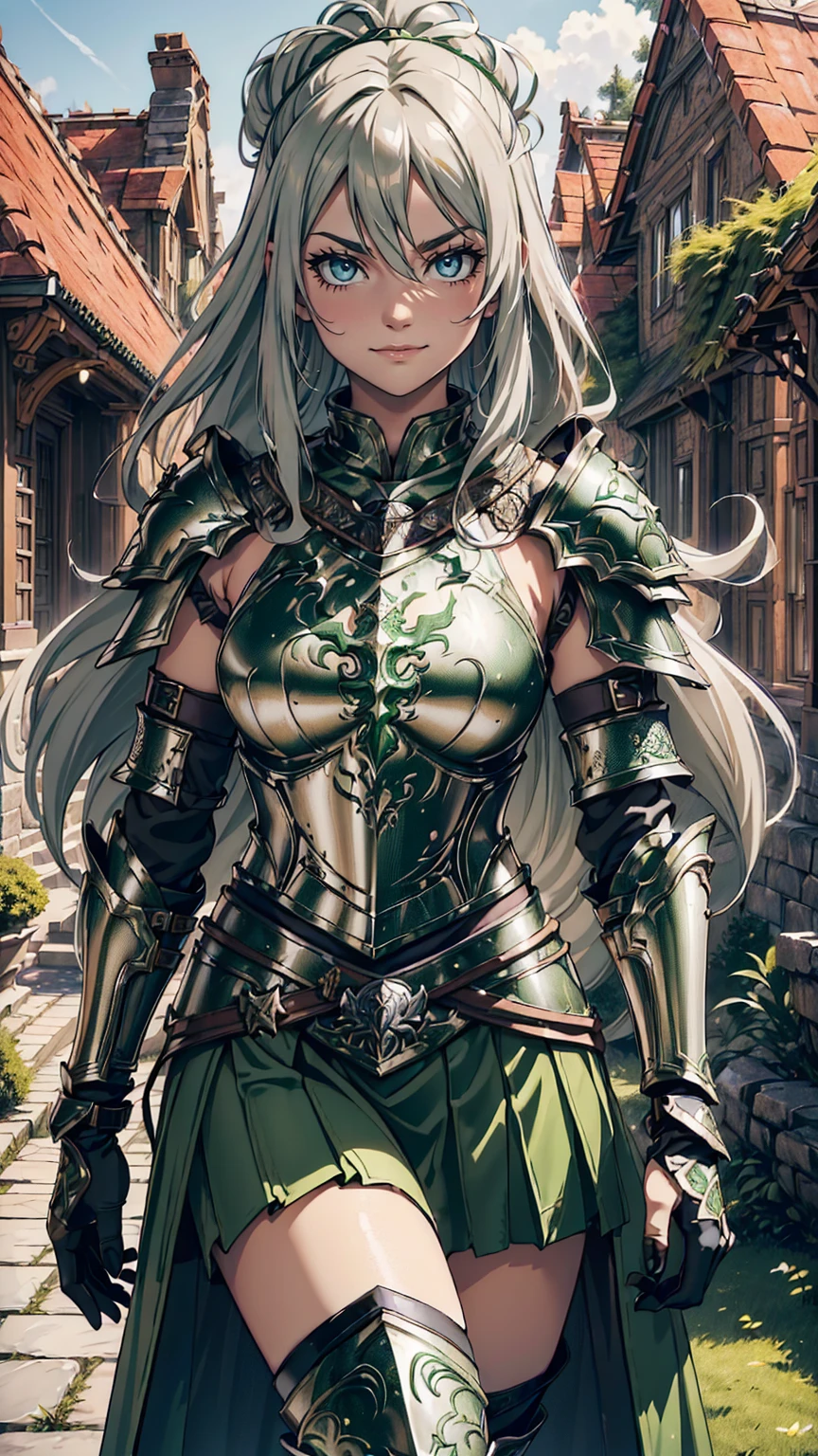 最high quality、Ultra High Definition, Ultra High Quality, Hyper Definition, Hyper Quality, Hyper Detailed, Extremely Detailed, Perfectly Detailed, Best image quality、masterpiece、anime woman((20-year-old、super dynamic pose , Dancing, Green solid eyes, Silver long Hair 、Disheveled Hair 、Long White Hair, Glove、Green Skirt,  Nature Design Armor, Smirk, cheerful expression, charismatic, Detailed Cuirass , Wearing  Full Coverage Fantasy Plate Armor, leg armor)),high quality、Beautiful art、background((Inside the mansion))、Written boundary depth、 movie、Visual Arts、Perfect art、8K,Genuine、