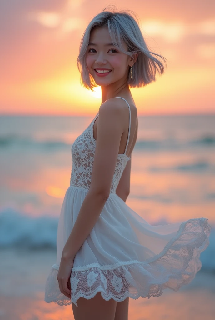 (8k, Photorealistic, Raw photo, Highest quality: 1.4),Japanese idol-style beautiful girl,1 person,18-year-old,(Short Bob),(Silver Hair :1.1),She has her hair tucked behind her ears,Clear grey eyes,Long eyelashes,(piercings(small)),(Lip gloss),lips(Plump,glossy),thin long neck,(camisole),(flare skirt(Layered lace)),tights(Mesh),barefoot,(Sleeveless jacket((Lace embroidery),(Mesh))Layered),On the beach at dusk,White sand beach,With the setting sun on the horizon as a backdrop,Date with boyfriend,Smiling at the camera,One-shot portrait