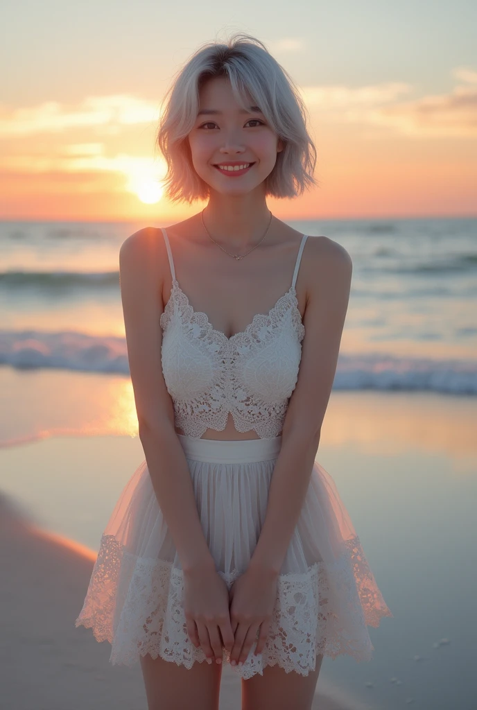 (8k, Photorealistic, Raw photo, Highest quality: 1.4),Japanese idol-style beautiful girl,1 person,18-year-old,(Short Bob),(Silver Hair :1.1),She has her hair tucked behind her ears,Clear grey eyes,Long eyelashes,(piercings(small)),(Lip gloss),lips(Plump,glossy),thin long neck,(camisole),(flare skirt(Layered lace)),tights(Mesh),barefoot,(Sleeveless jacket((Lace embroidery),(Mesh))Layered),On the beach at dusk,White sand beach,With the setting sun on the horizon as a backdrop,Date with boyfriend,Smiling at the camera,One-shot portrait
