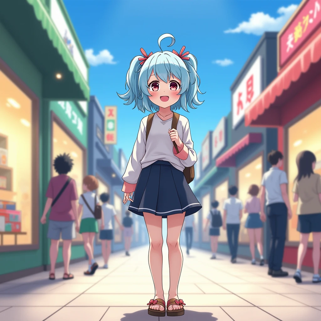 One person, solo, High resolution, smile, Open your mouth, Gaze, Blue Hair/Light blue hair, teeth, Anatomically correct, Highest quality, accurate, masterpiece, (geta:1.5)、getaを履く、Anime Style, Multiple ahoge, Walking through a shopping mall、