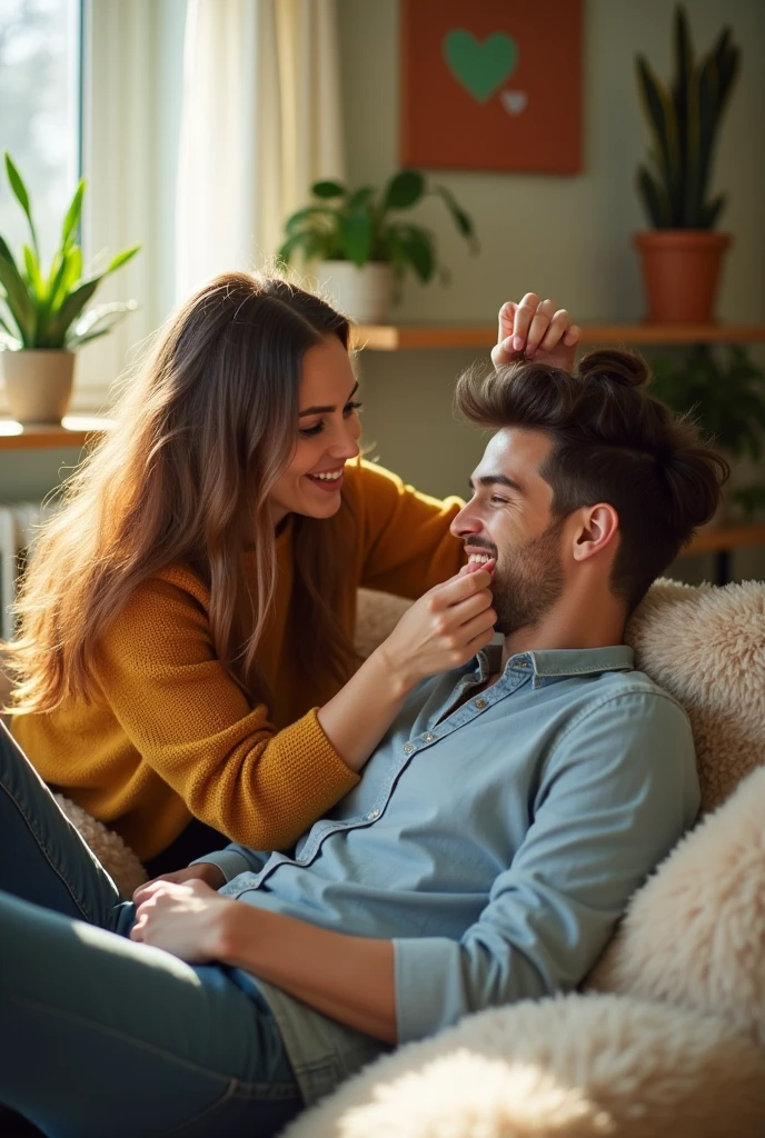 Draw a girl tying her boyfriend's hair.