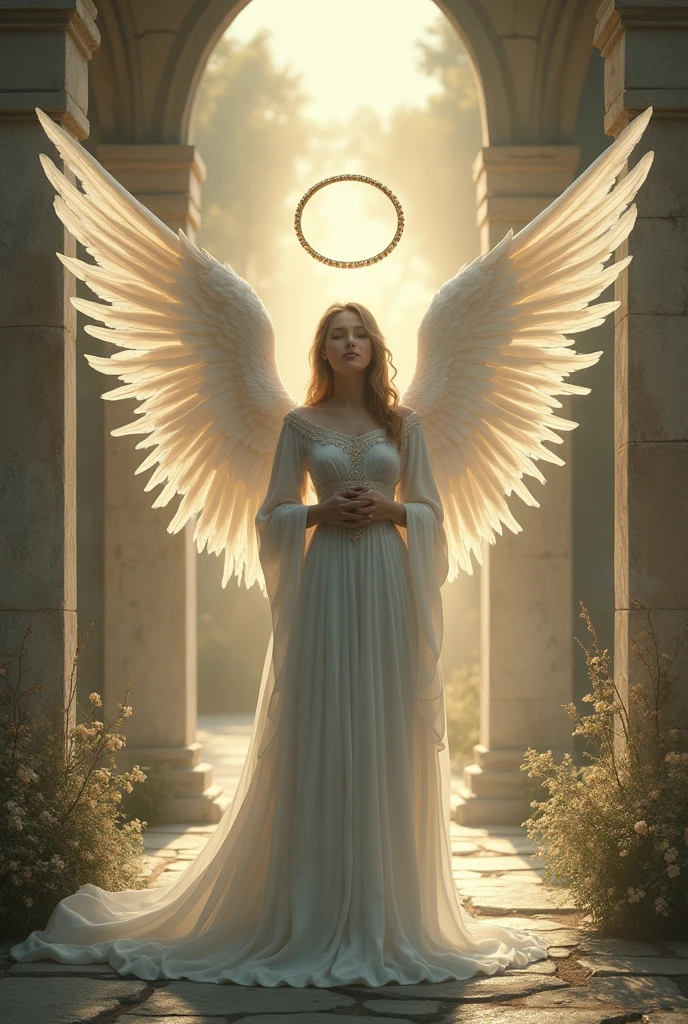(Numerous award-winning masterpieces, with incredible detail, textures and maximum detail), (full-body standing image:1.8), (upper body up:0.3), (hyper realistic:1.4), (realistic:1.3), (best quality real texture skin), (finely detailed true circle Symmetrical eyes), (finely drawn beautiful face), (angel ring of divine brilliance above the head:1.8), ((medieval world)), (Elegant and divine white costume with elaborate workmanship: 1.8), (black angel of the Lord or white angel of the Lord:1.6), (full-body standing image:1.8), (Beautiful kind eyes), (she has a blissful smile on her face), (Beautifully colored eyes filled with compassion), (full-body standing image:1.8), Shining majestic cloud masses and sky, (halo optical phenomenon:1.3), (Angels dancing in the background), (Dramatic Light), (majestic sight), (Her expression is serene full of tenderness and very beautiful), ((Large wings with pure white feathers behind the shoulders)), (((Folded wings))), Glass earrings on the ears, (((dramatic photo))), (twilight), (sunset), (dusk), (Sacred Pose), (golden hair), (silver hair), (chestnut hair), Short cut hair, ((looks up)), ((looking down)), ((gives full-body standing image)), (Around her neck is a simple necklace of exquisite workmanship), Old ruins infested with plants, great temple, great cathedral, temple ruins, detached temple, (Luminous magic circle), Ruins of an ancient castle, Deserted ruins, crumbling ruins, Ancient ruins with clear water, Sacred Light, epic realistic, ((neutral colors)), (hdr:1.5), (muted colors:1.2), hyper detailed, cinematic, warm lights, dramatic light, (intricate details:1.1), complex background, highly detailed, ultra-realistic, intricate details, painting (artwork), ((masterpiece,best quality)), ((cinematic light)), fearsome, dark fantasy, faded, ((neutral colors)), art, (art station:1.5), light effect, dramatic light, (intricate details:1.1), complex background, (Greg rutkowski:0.8), (teal and orange:0.4),