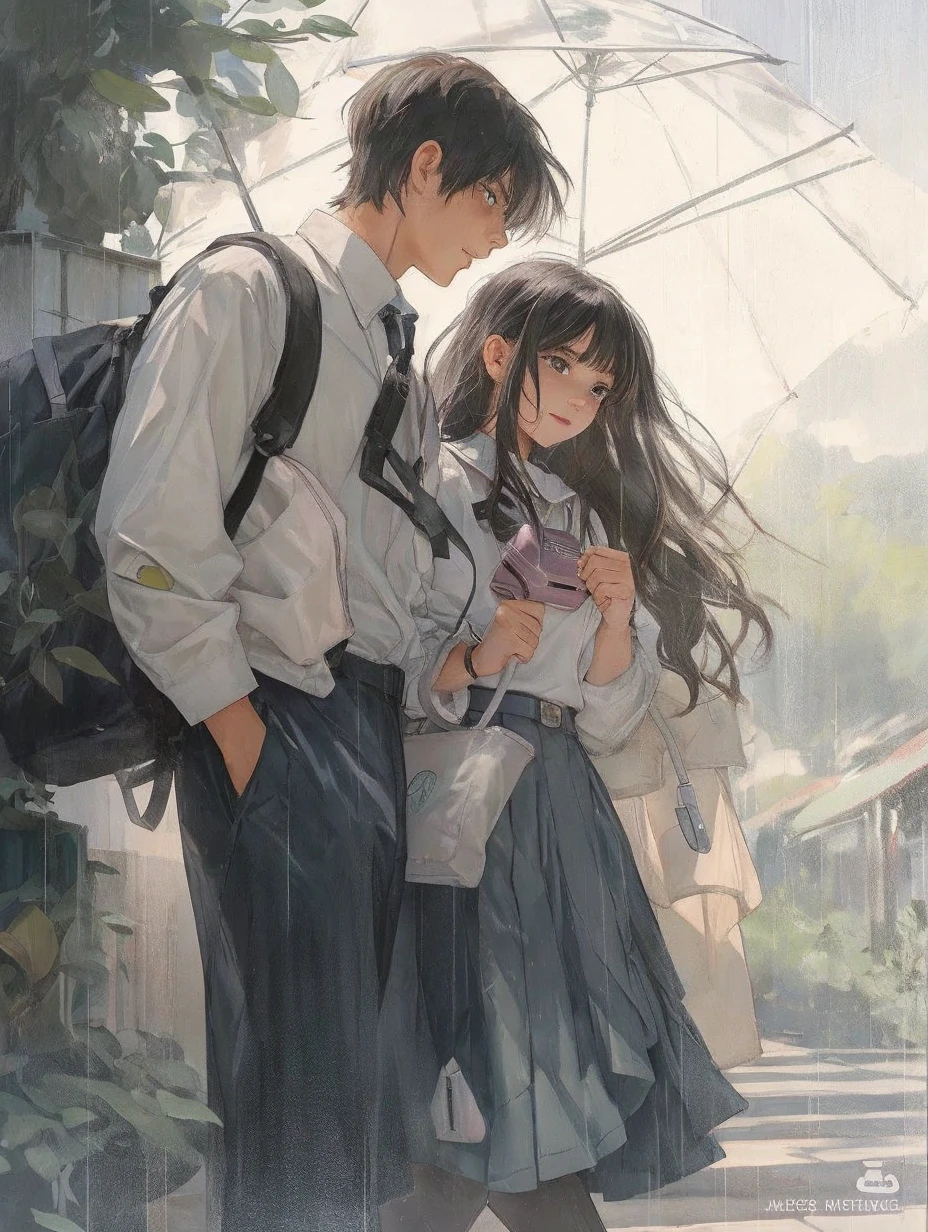 my hero academia character girl, 15 years old, small, dark long brown hair long layered short bangs, grey/pink eyes, white tight long sleeve with big robotic gloves, white pencil skirt, baggy high white boots. with a fanny pack on the back. her favorite color is pink and plants are growing out of her. she is holding hands with Katsuki Bakugo