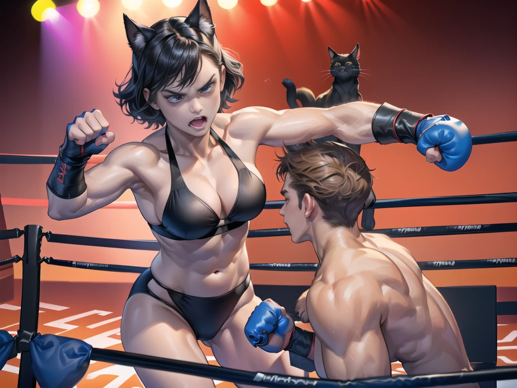 ,(catwoman:1.1),(women:1.4),bikini,(Throw your fist forward.:1.2),(boxing ring:1.4),full_shot,claw_pose,cat_pose,(angry:1.2),evil,(cam:1.3),(รอยเลือด รอยถลอก:1.5), โกรธ, ต่อสู้