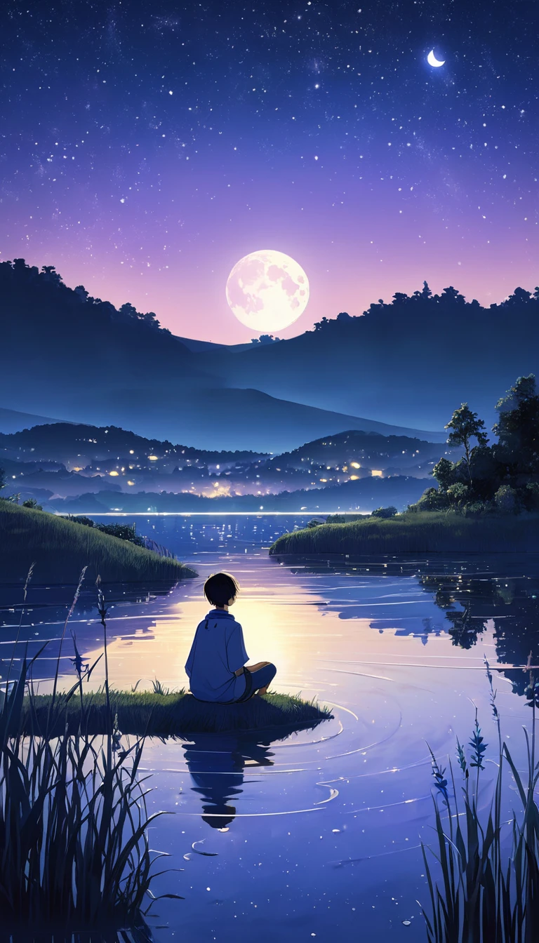 Basic background: A peaceful, expansive landscape, with the central focus on a clear, starlit night sky. The scene is set by a calm body of water, reflecting the night sky and the bright, full moon. The sky is filled with stars, with some larger and brighter, creating a mesmerizing effect. The horizon glows softly with the distant lights of a town, adding warmth to the cool tones of the night.

Centered image: A young man, drawn in a detailed anime style, sits on the grassy edge of the water, gazing at the moon. His posture is relaxed, with one arm resting on his knee, symbolizing contemplation and serenity. The moonlight casts a soft glow on his figure, highlighting the details of his clothing and hair with subtle shading. The reflection of the moon on the water adds depth to the scene, while the gentle ripples create a dynamic, yet calming effect.

Foreground elements: Surrounding the character are natural elements like tall grasses, small wildflowers, and gently swaying reeds, all bathed in moonlight. These details add texture to the scene and enhance the peaceful, natural setting. The reflection of the stars in the water adds an extra layer of visual interest, blending the sky and the landscape seamlessly.

Additional effects: The sky is filled with soft, glowing clouds that catch the moonlight, creating a dreamy atmosphere. The stars twinkle gently, with a few shooting stars adding a touch of magic to the scene. The distant town lights are blurred slightly, giving the impression of depth and distance. The overall lighting is soft, with the moon as the primary light source, casting a cool, calming blue tone over the entire image.

Colors: The color palette is a mix of deep blues, purples, and soft whites, with accents of warm yellows and oranges from the distant lights and the moon. The water reflects these colors, adding a sense of harmony and balance to the scene. The overall effect is both calming and visually striking, with the contrast between the cool nigh