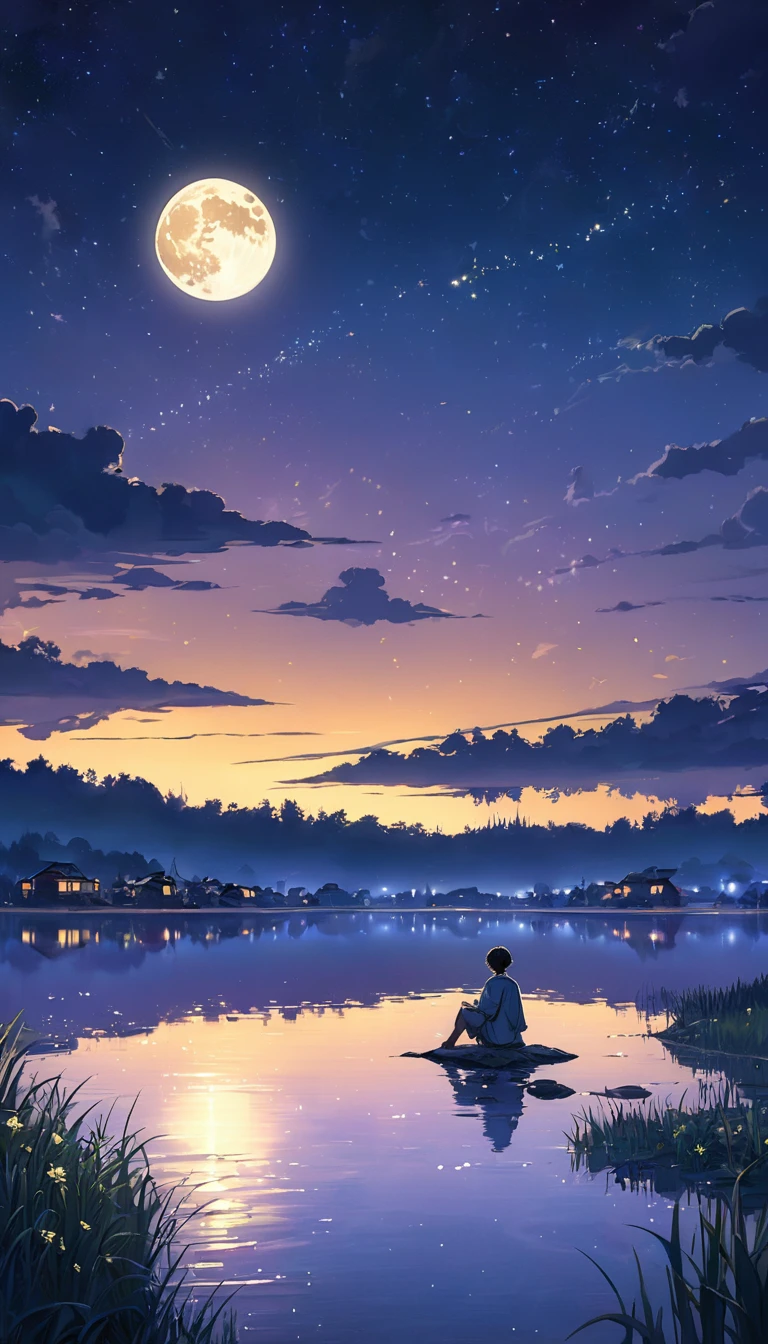 Basic background: A peaceful, expansive landscape, with the central focus on a clear, starlit night sky. The scene is set by a calm body of water, reflecting the night sky and the bright, full moon. The sky is filled with stars, with some larger and brighter, creating a mesmerizing effect. The horizon glows softly with the distant lights of a town, adding warmth to the cool tones of the night.
Centered image: A young man, drawn in a detailed anime style, sits on the grassy edge of the water, gazing at the moon. His posture is relaxed, with one arm resting on his knee, symbolizing contemplation and serenity. The moonlight casts a soft glow on his figure, highlighting the details of his clothing and hair with subtle shading. The reflection of the moon on the water adds depth to the scene, while the gentle ripples create a dynamic, yet calming effect.
Foreground elements: Surrounding the character are natural elements like tall grasses, small wildflowers, and gently swaying reeds, all bathed in moonlight. These details add texture to the scene and enhance the peaceful, natural setting. The reflection of the stars in the water adds an extra layer of visual interest, blending the sky and the landscape seamlessly.
Additional effects: The sky is filled with soft, glowing clouds that catch the moonlight, creating a dreamy atmosphere. The stars twinkle gently, with a few shooting stars adding a touch of magic to the scene. The distant town lights are blurred slightly, giving the impression of depth and distance. The overall lighting is soft, with the moon as the primary light source, casting a cool, calming blue tone over the entire image.
Colors: The color palette is a mix of deep blues, purples, and soft whites, with accents of warm yellows and oranges from the distant lights and the moon. The water reflects these colors, adding a sense of harmony and balance to the scene. The overall effect is both calming and visually striking, with the contrast between the cool nigh